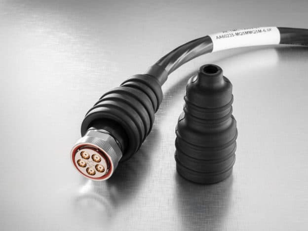 TMQ5 bundled cable and individual weather protective boot with a silver background